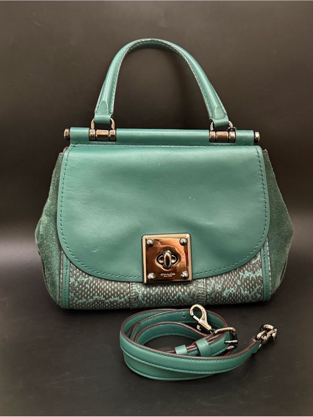 COACH 12086 Green Drifter Snakeskin Top Handle Crossbody Shoulder Bag